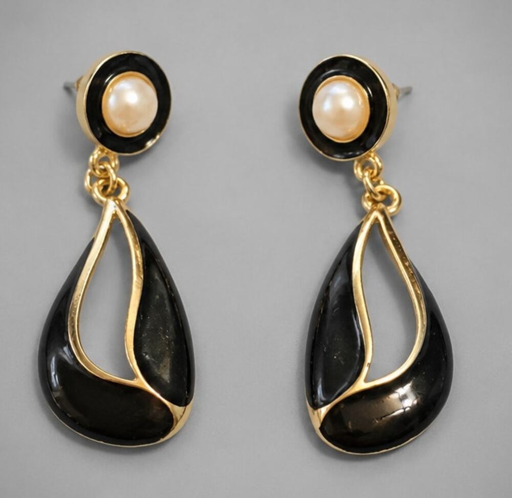 Vintage Black Pierced Dangle Earrings 2.25" Long Enamel & Faux Pearl Drops kp-
